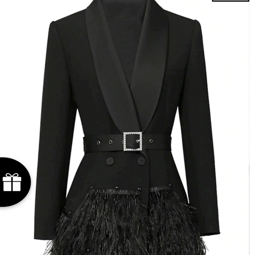 Blazer dress with feathers and belt